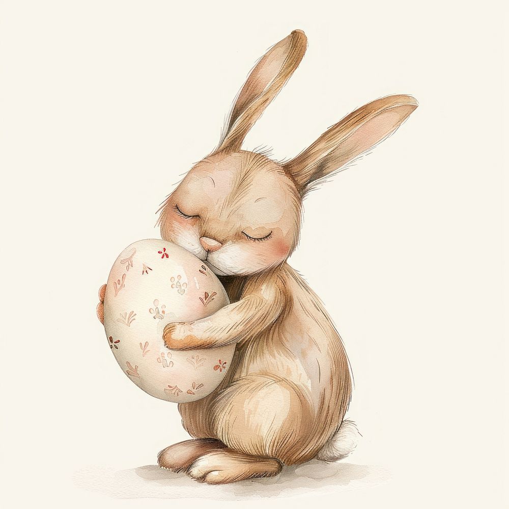 Bunny hugging Easter Egg animal cartoon rodent.