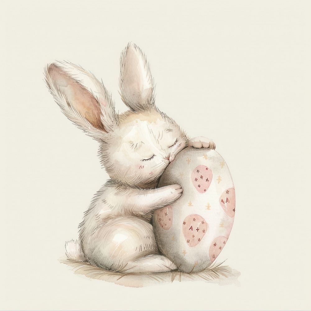 Bunny hugging Easter Egg animal cartoon drawing.
