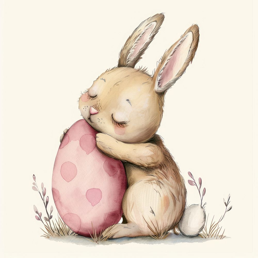 Bunny hugging Easter Egg animal cartoon rodent.