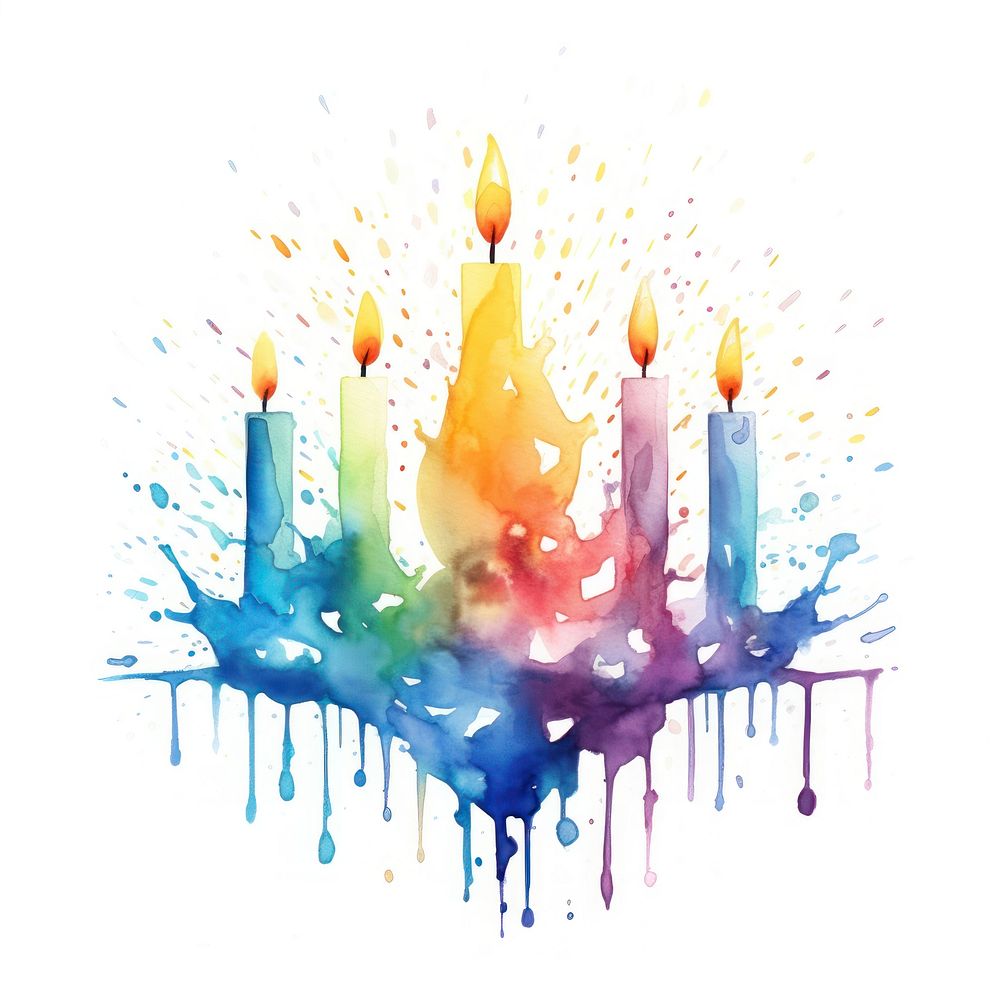 Menorah in Watercolor style candle fire white background.