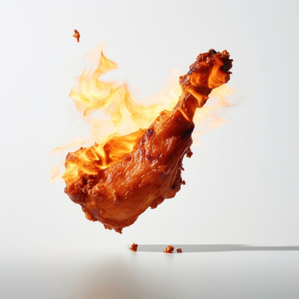 Photography of a Burning korean fried chicken flame food freshness.