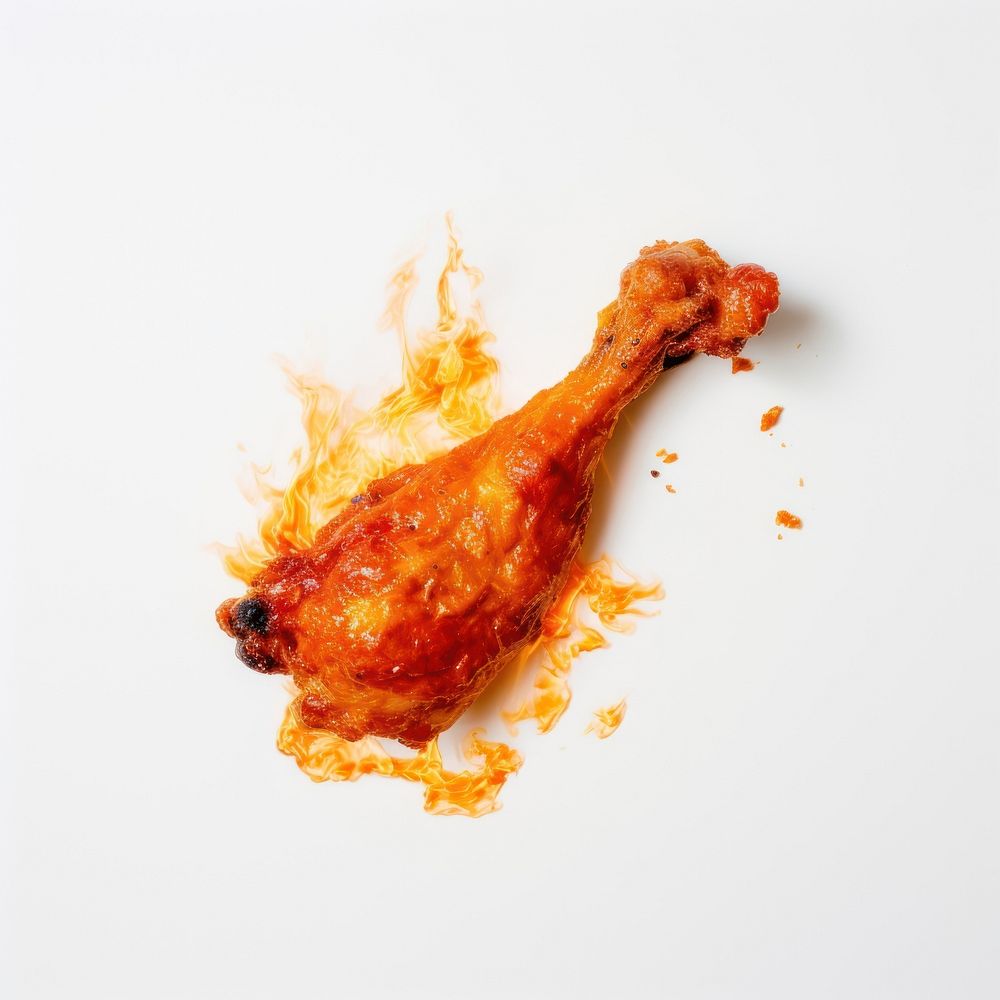 Photography of a Burning korean fried chicken flame bird splattered.