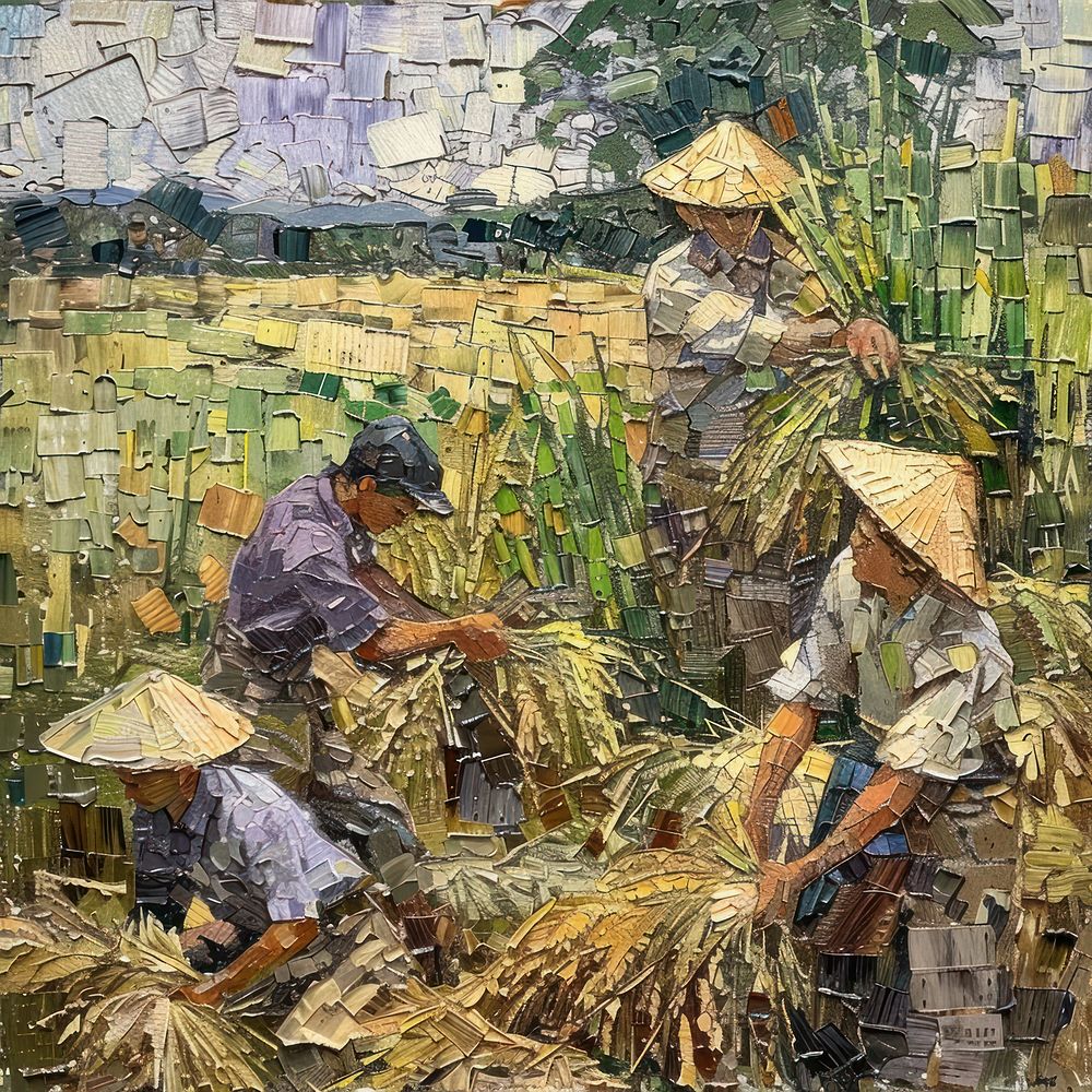 Photo of rice harvesting painting outdoors.