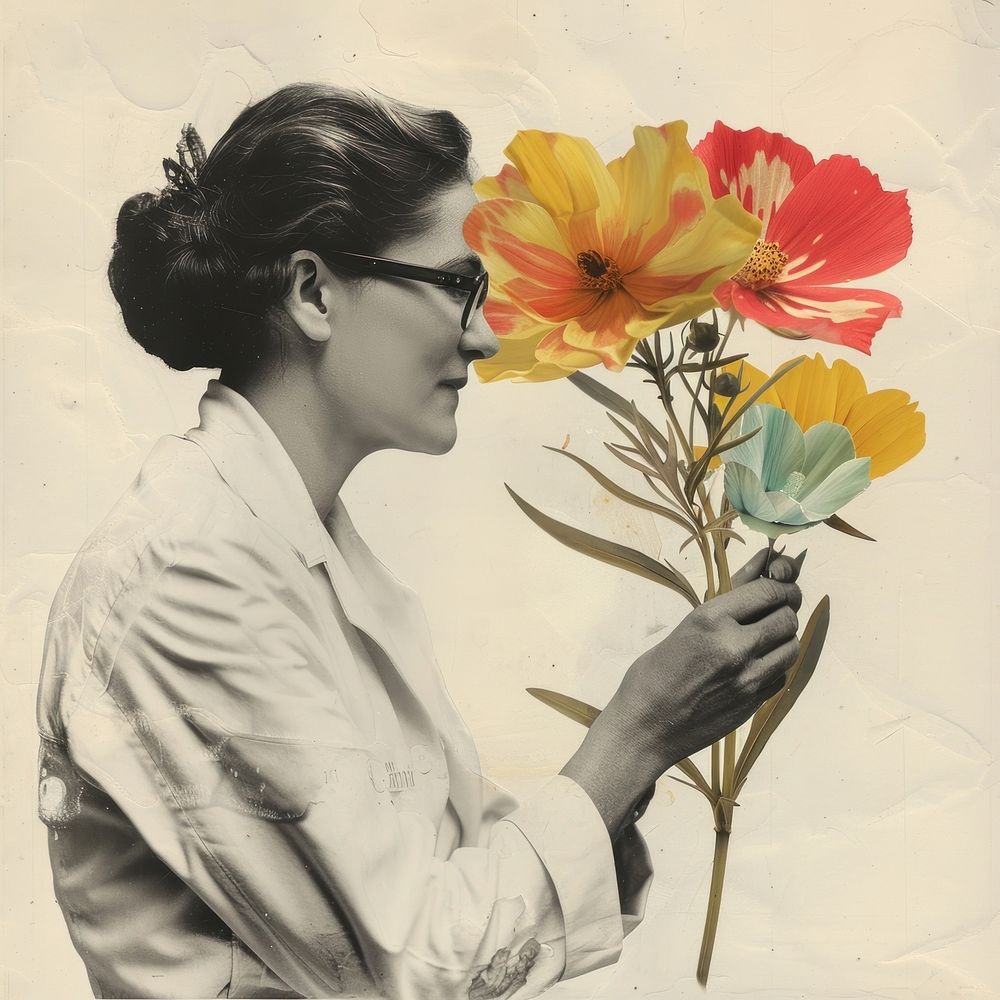 Paper collage of woman scientist flower portrait painting.