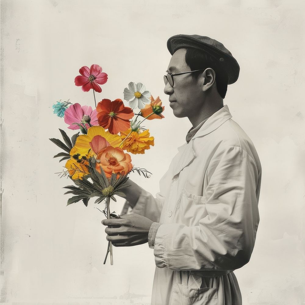 Paper collage of Asian scientist flower portrait plant.