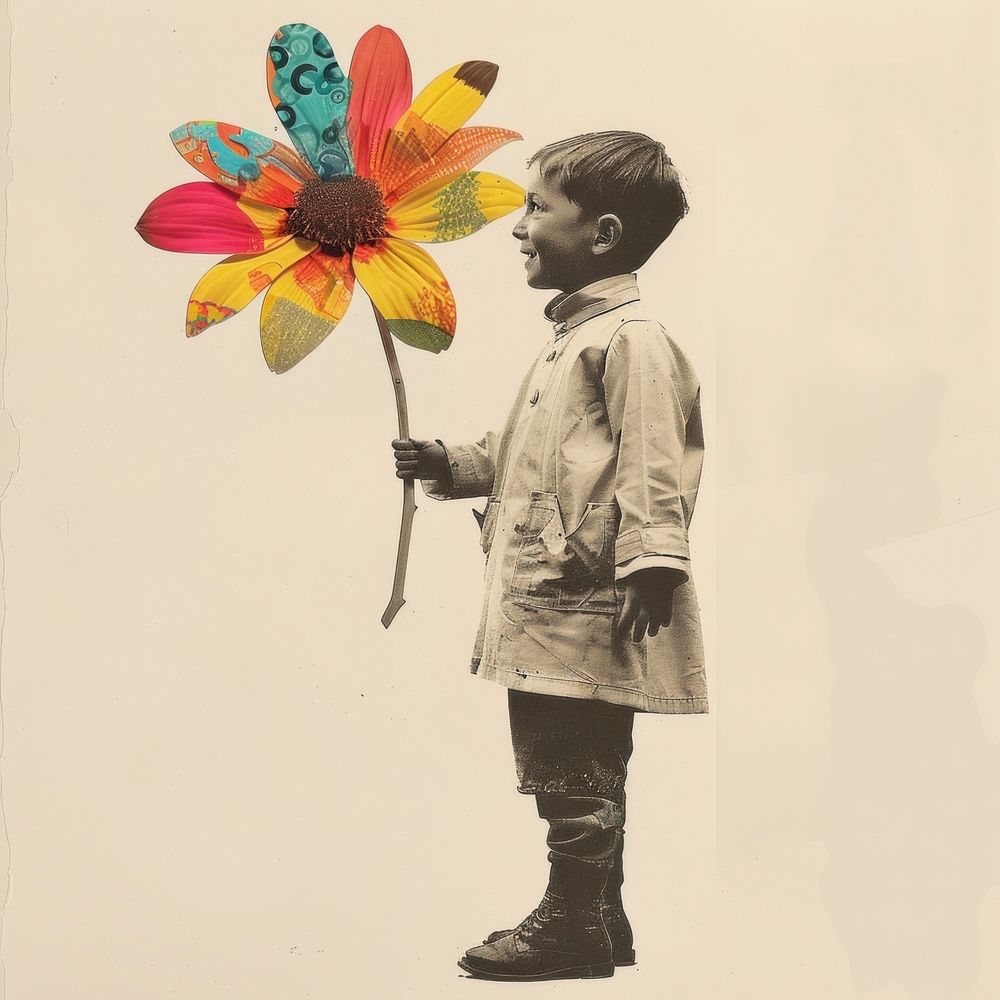 Paper collage of kid scientist flower portrait photo.
