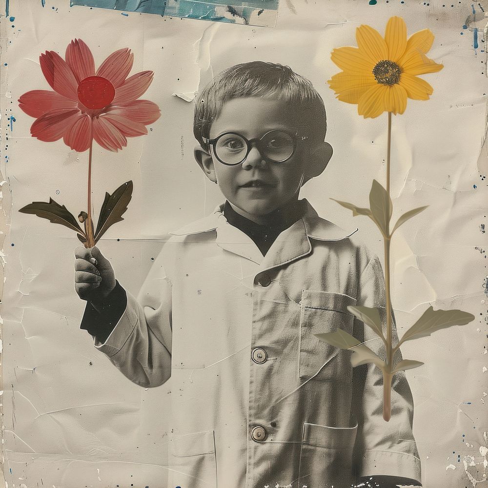 Paper collage of kid scientist flower portrait painting.