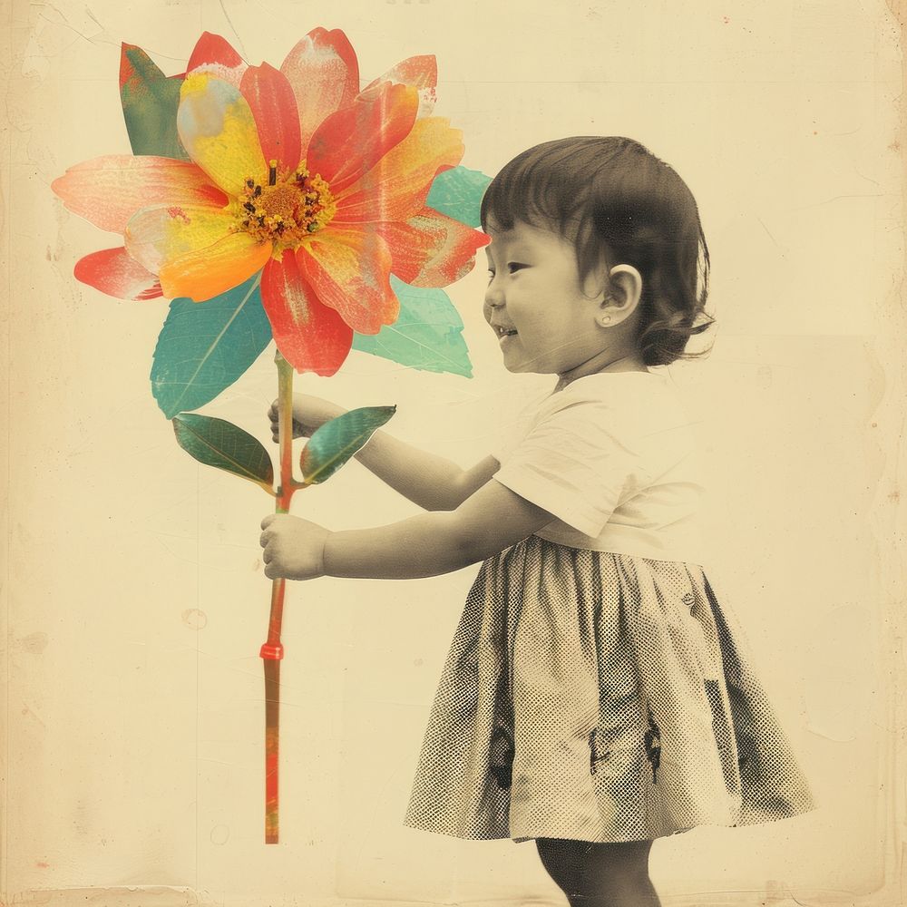 Paper collage of Asian little girl flower painting child.
