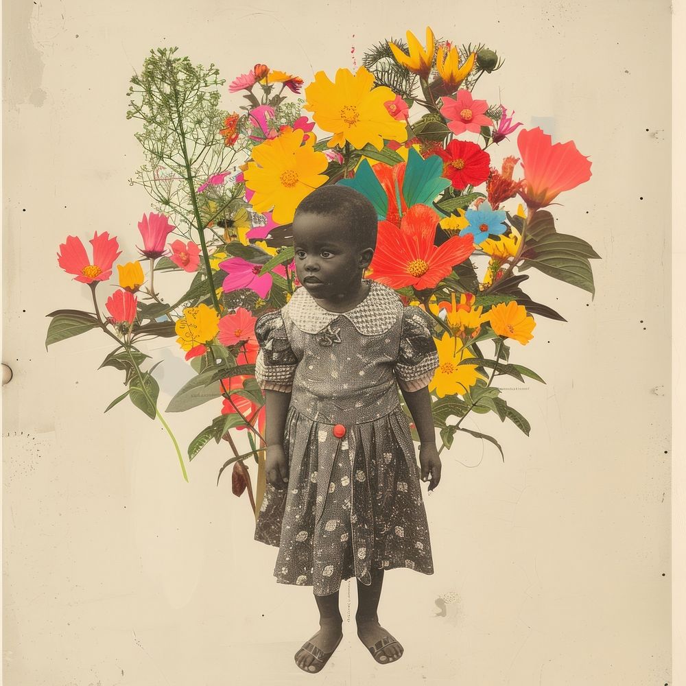 Paper collage of African little girl flower portrait painting.