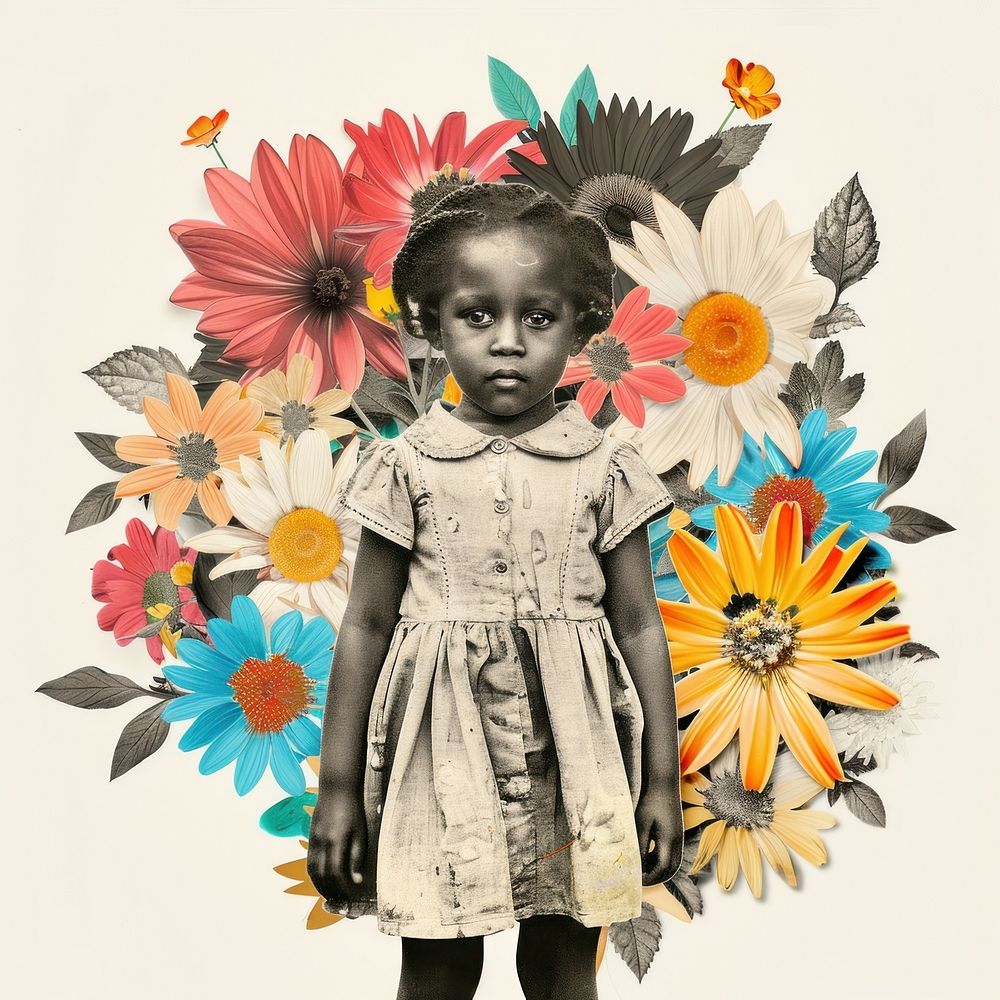 Paper collage of African little girl flower portrait pattern.