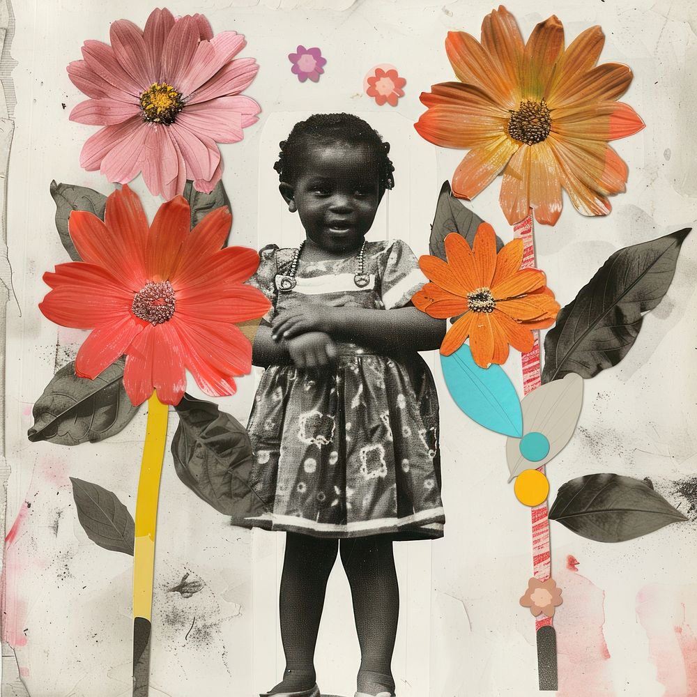 Paper collage of African little girl flower portrait painting.