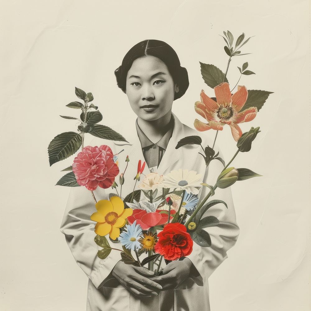 Paper collage of Asian woman scientist flower portrait adult.