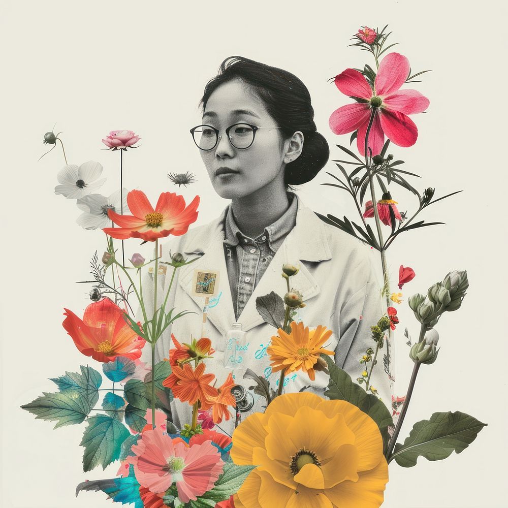 Paper collage of Asian woman scientist flower portrait painting.