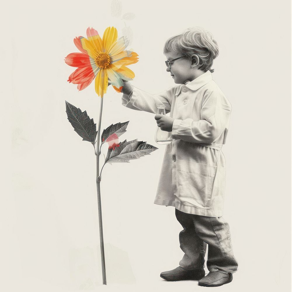 Paper collage of kid scientist flower sunflower plant.