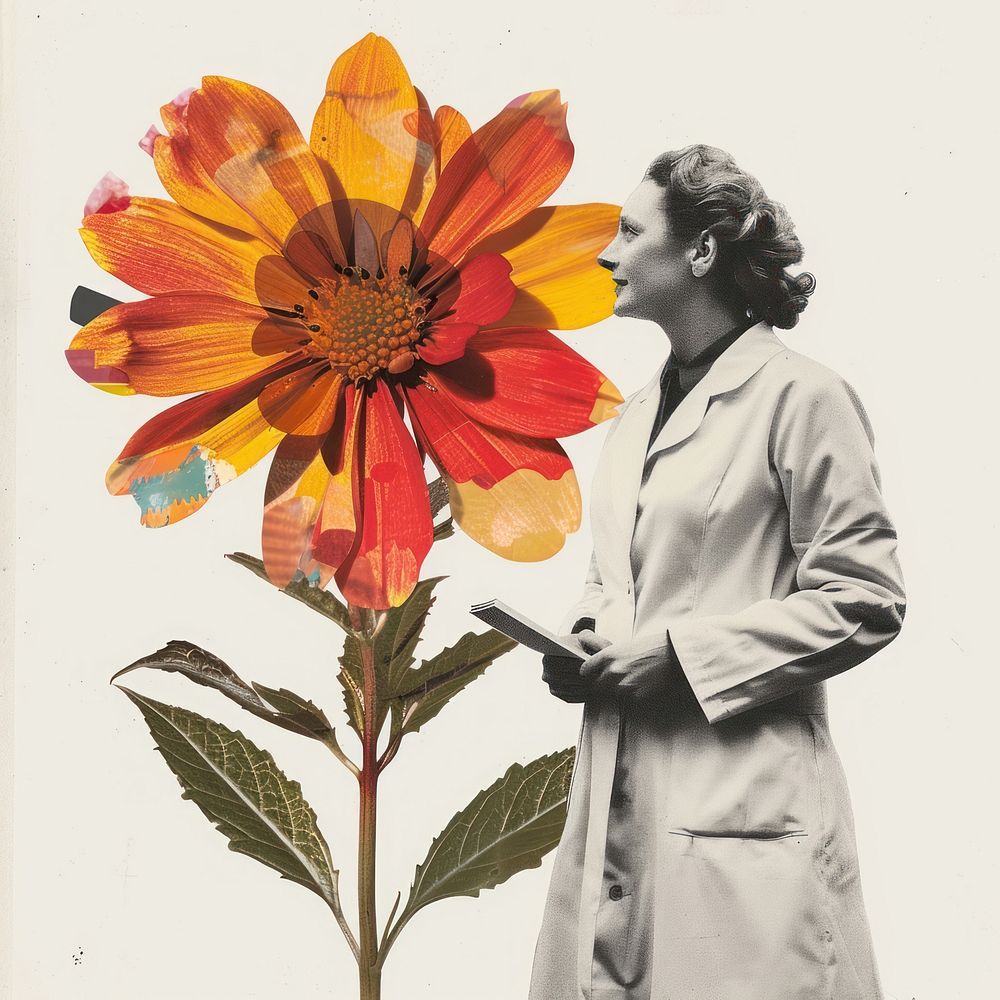 Paper collage of woman scientist flower sunflower plant.