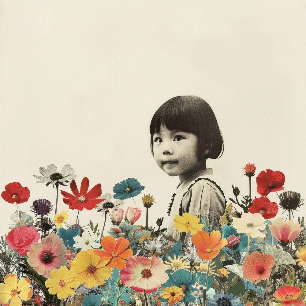 Paper collage of Asian little girl flower portrait plant.