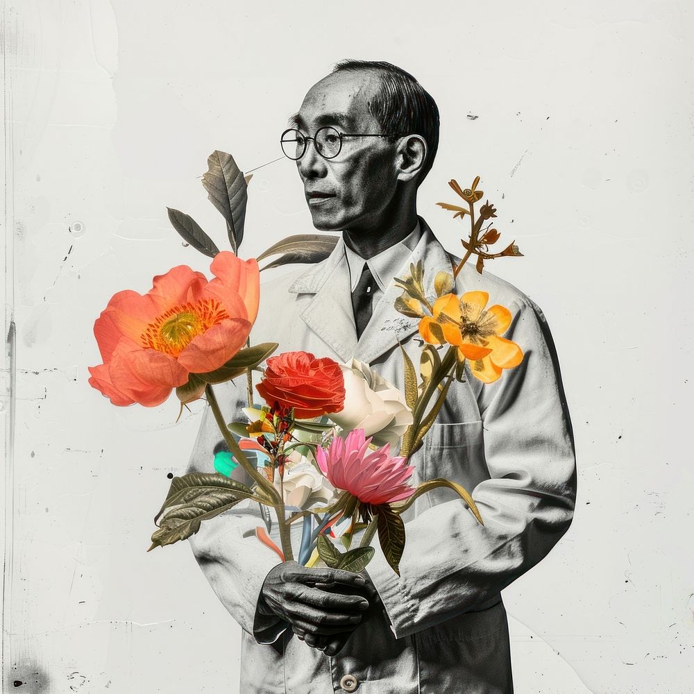 Paper collage of Asian scientist flower painting glasses.