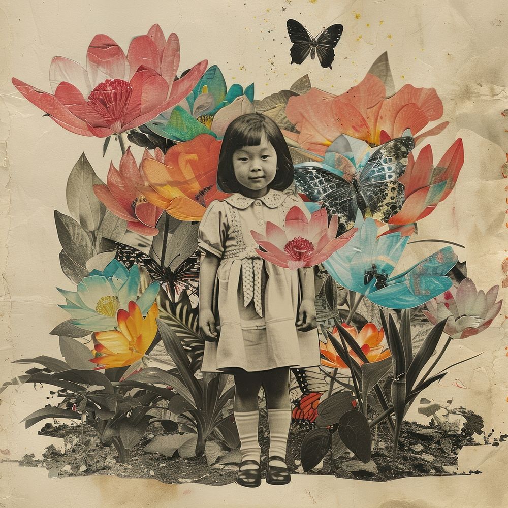 Paper collage of Asian little girl flower portrait painting.
