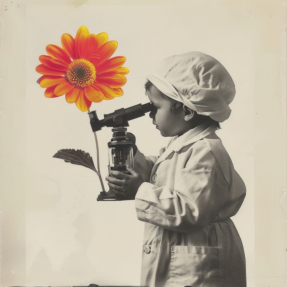 Paper collage of kid scientist flower sunflower plant.