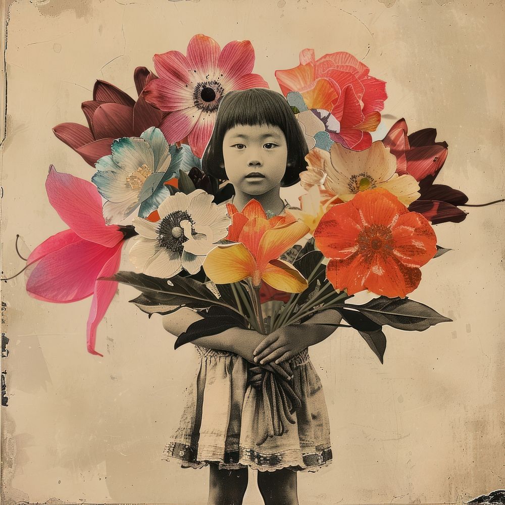 Paper collage of Asian little girl flower portrait painting.