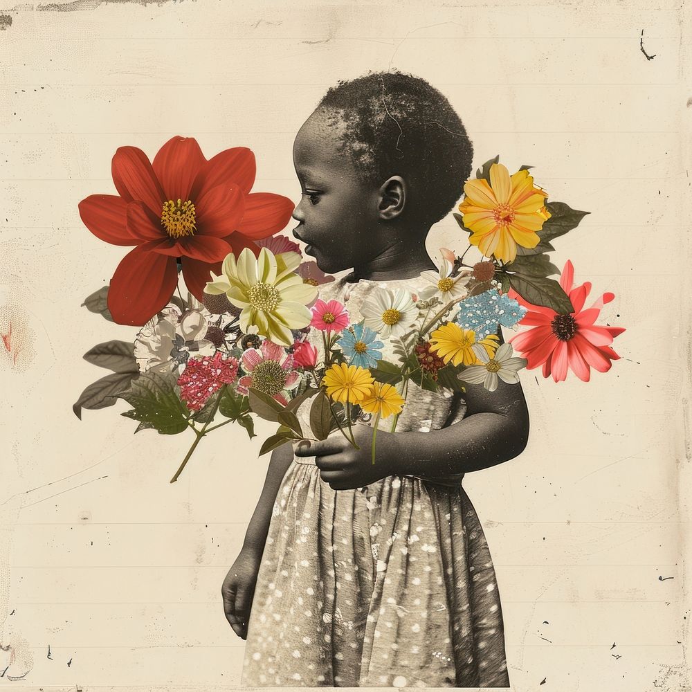 Paper collage of African little girl flower portrait plant.