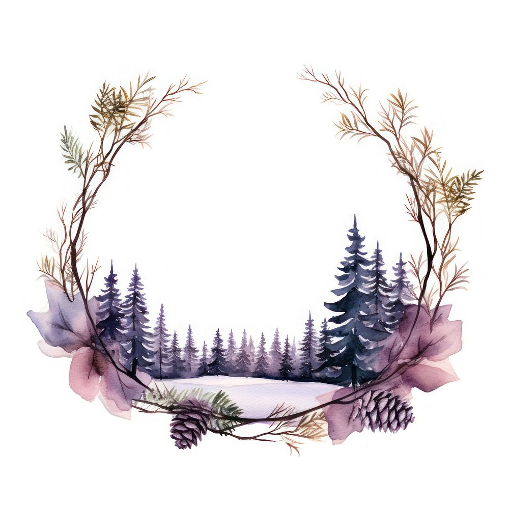 Vintage drawing winter forest flower circle purple.