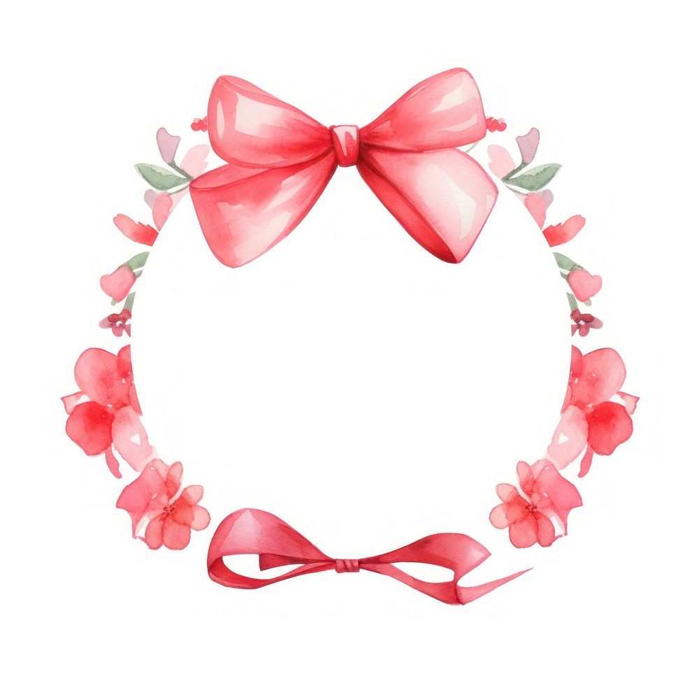 Valentines red ribbon frame watercolor wreath flower white background.