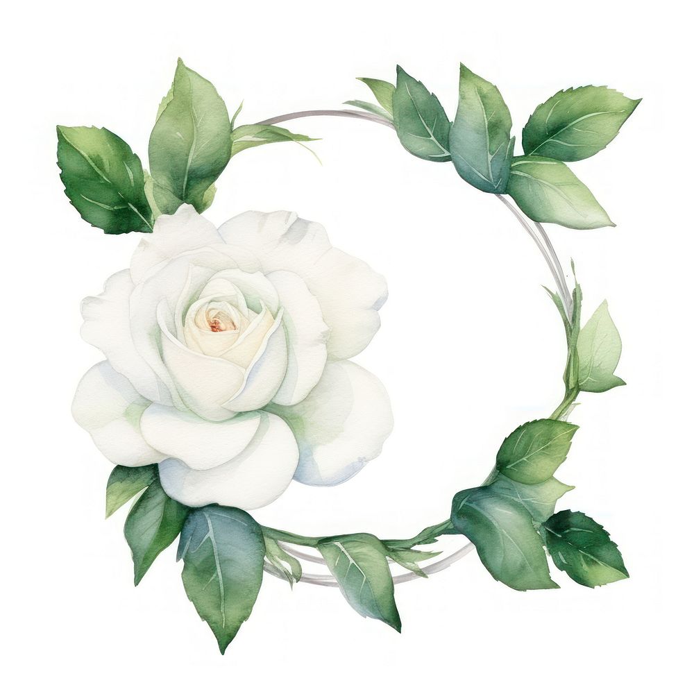 White rose frame watercolor flower wreath plant.