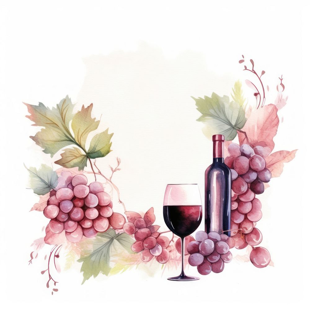 Wine frame watercolor grapes glass drink.