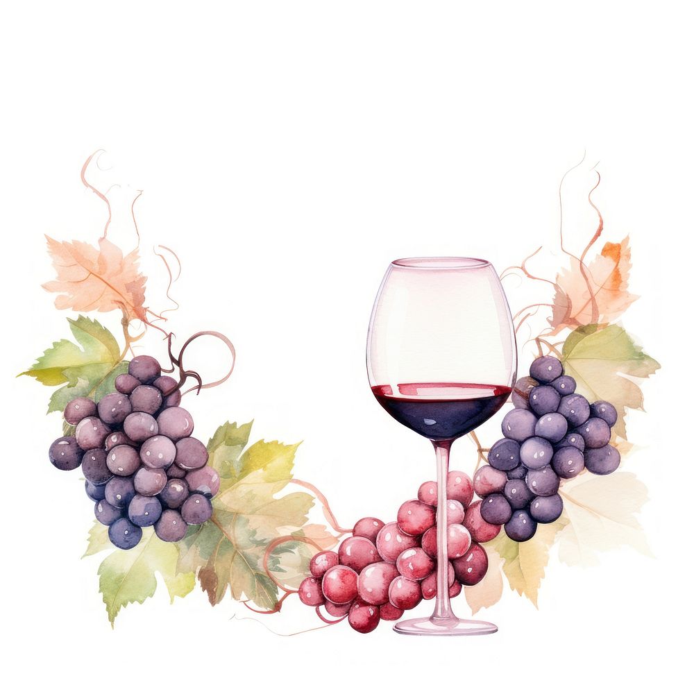 Wine glass and grape frame watercolor grapes drink plant.