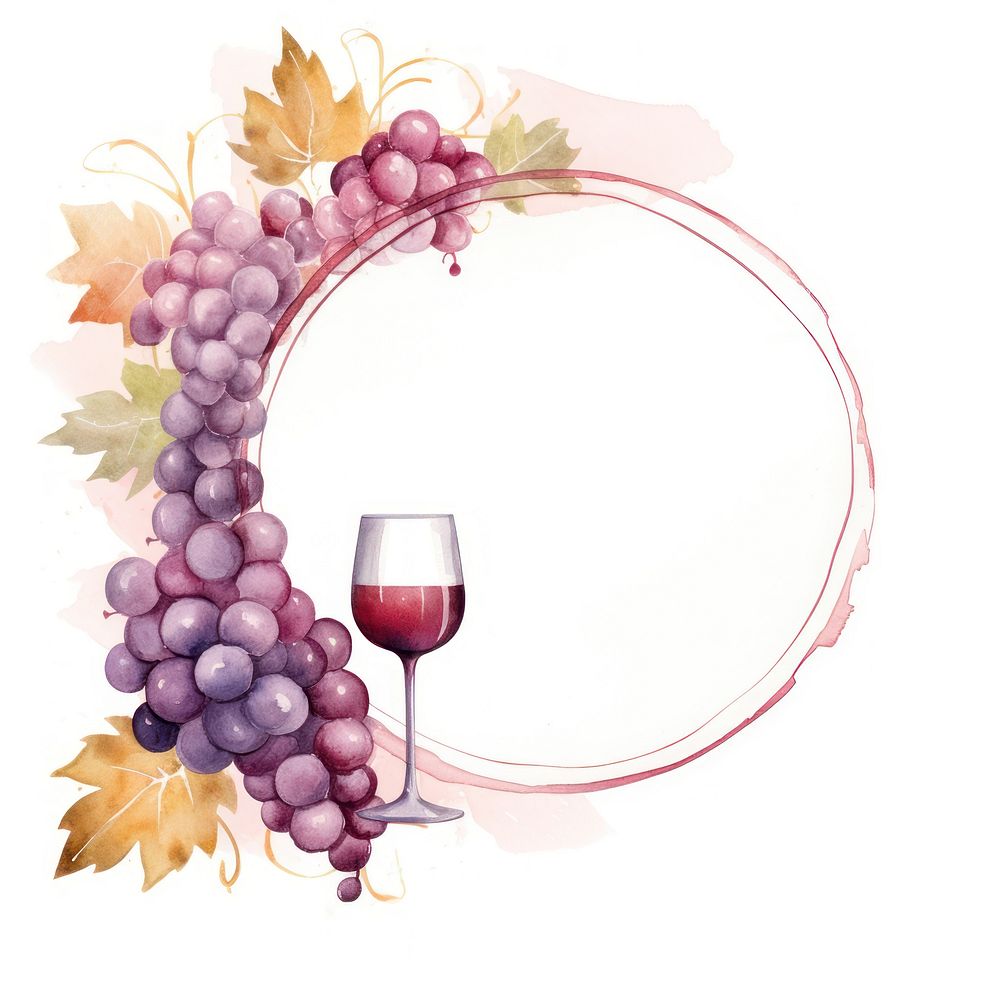 Wine glass and grape frame watercolor grapes refreshment celebration.