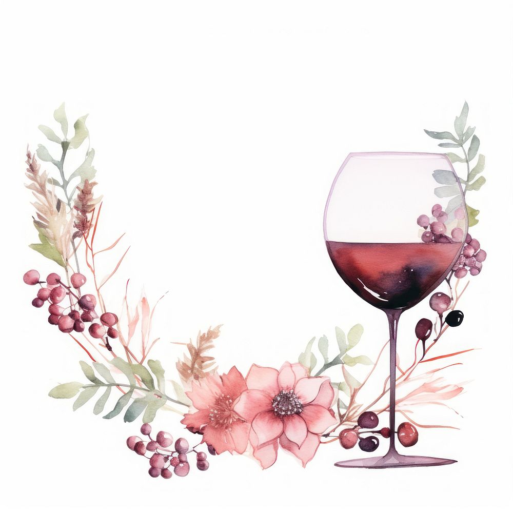 Wine glass and flower frame watercolor drink refreshment tableware.
