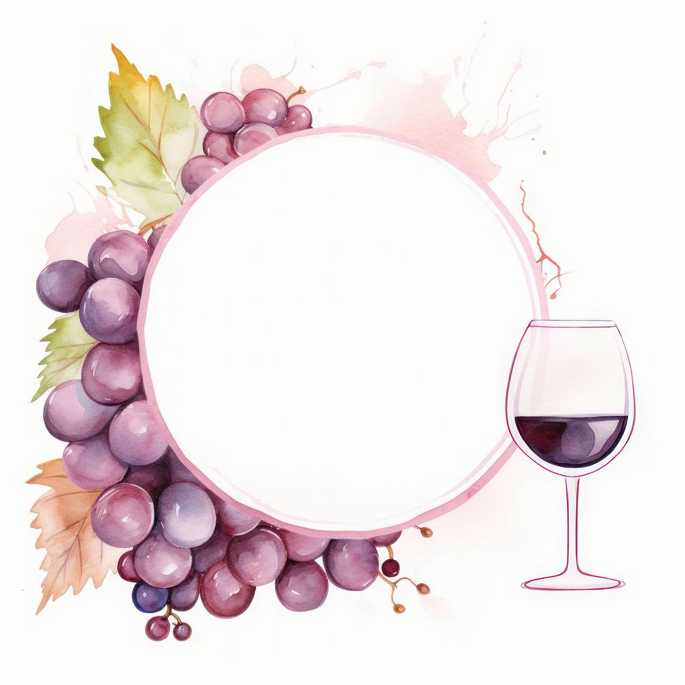 Wine glass and grape frame watercolor grapes drink food.