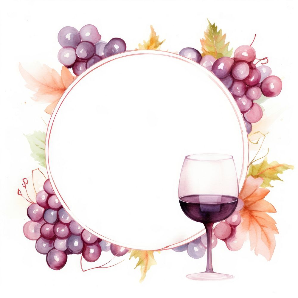 Wine glass and grape frame watercolor grapes drink food.