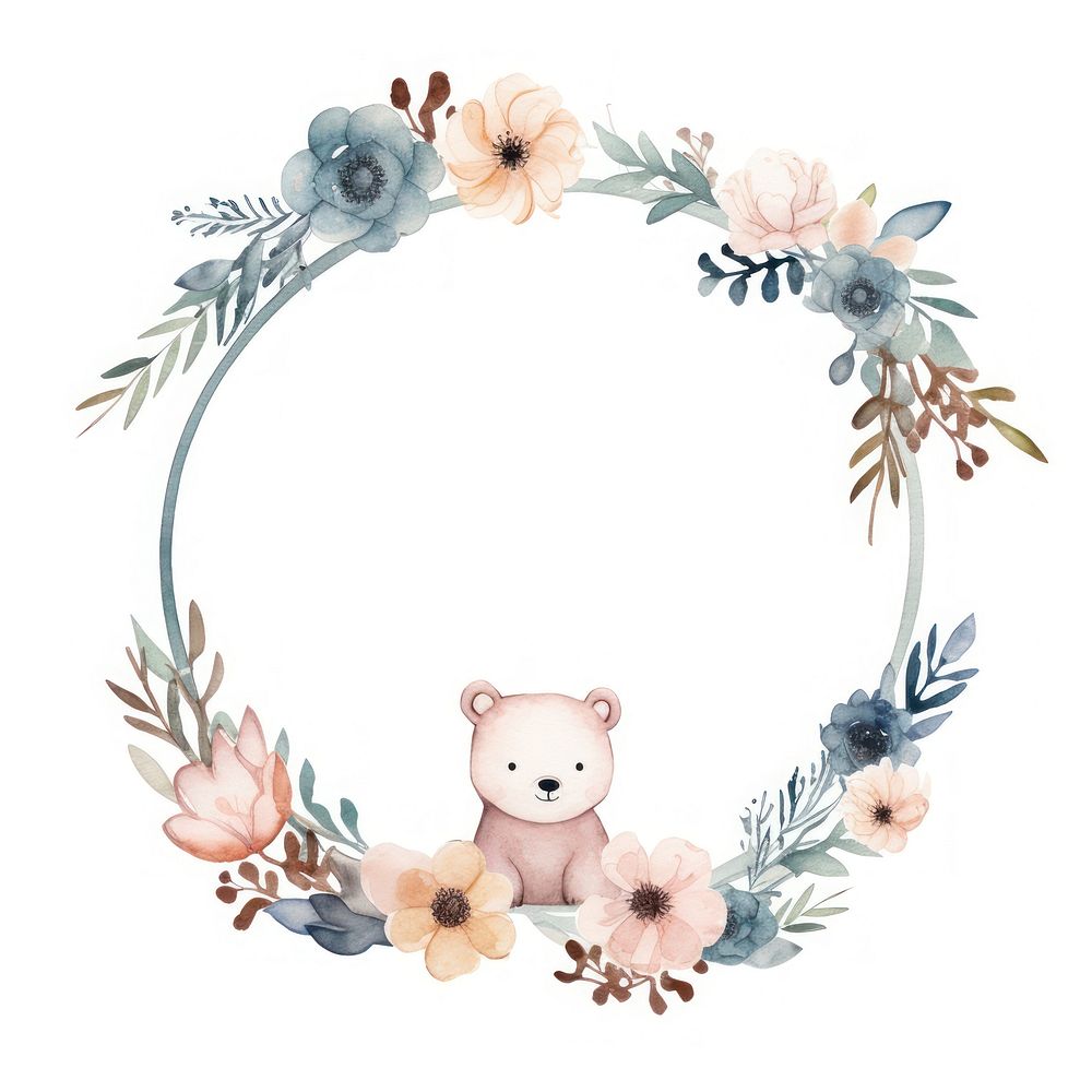 Bear and flower frame watercolor wreath white background representation.