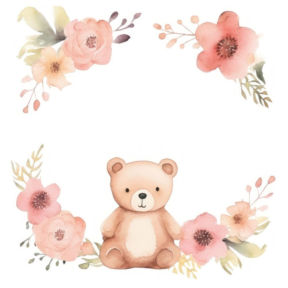 Bear and flower frame watercolor toy representation celebration.