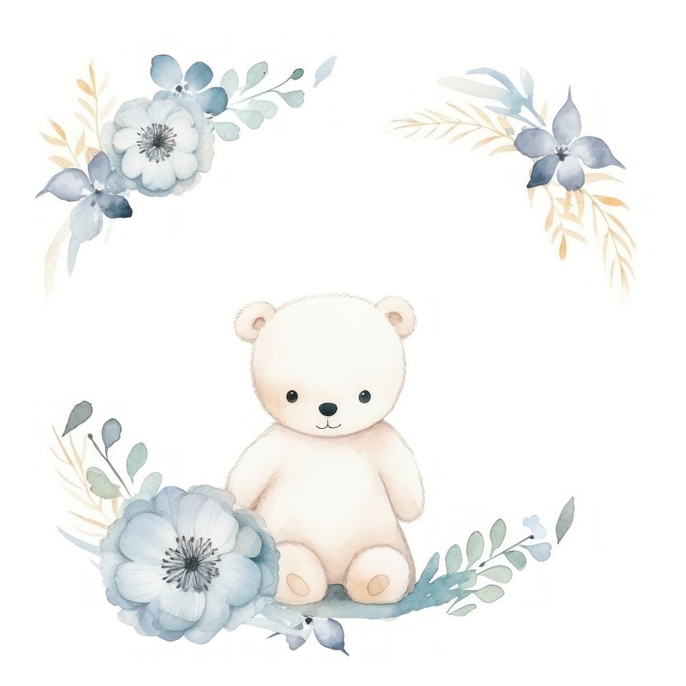 Bear and flower frame watercolor nature toy representation.
