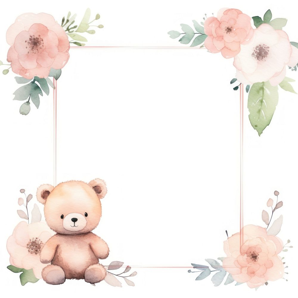 Bear and flower frame watercolor toy celebration cartoon.