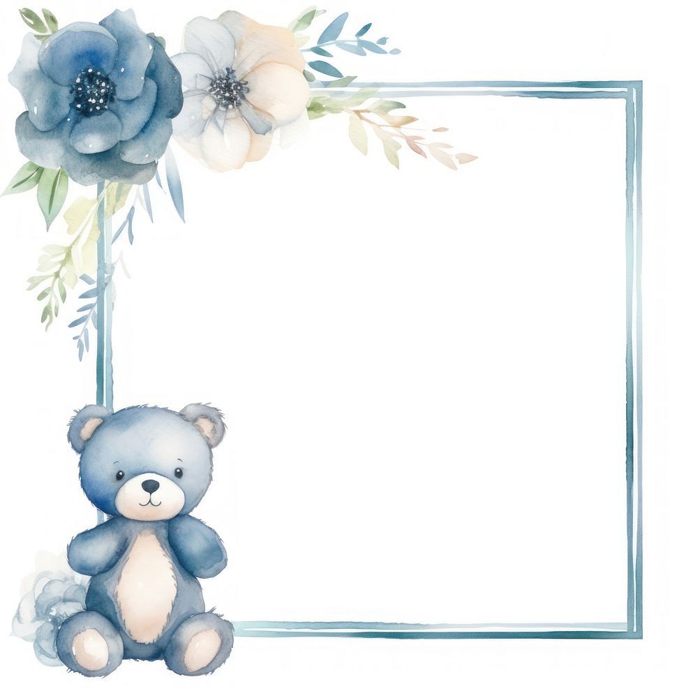Bear and flower frame watercolor toy white background representation.
