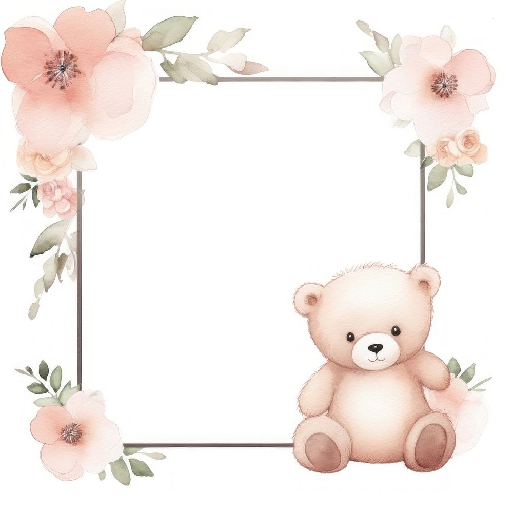 Bear and flower frame watercolor toy representation celebration.