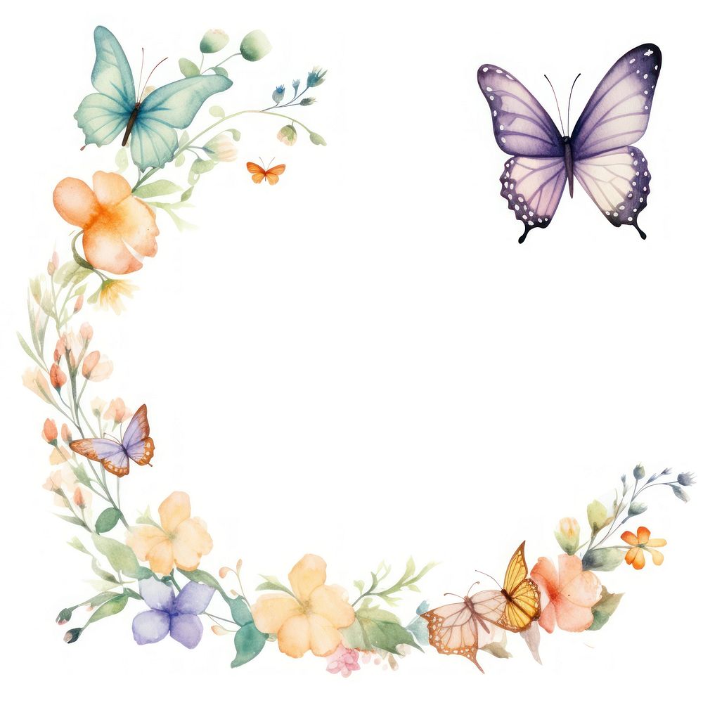 Butterfly and flowers frame watercolor pattern wreath white background.