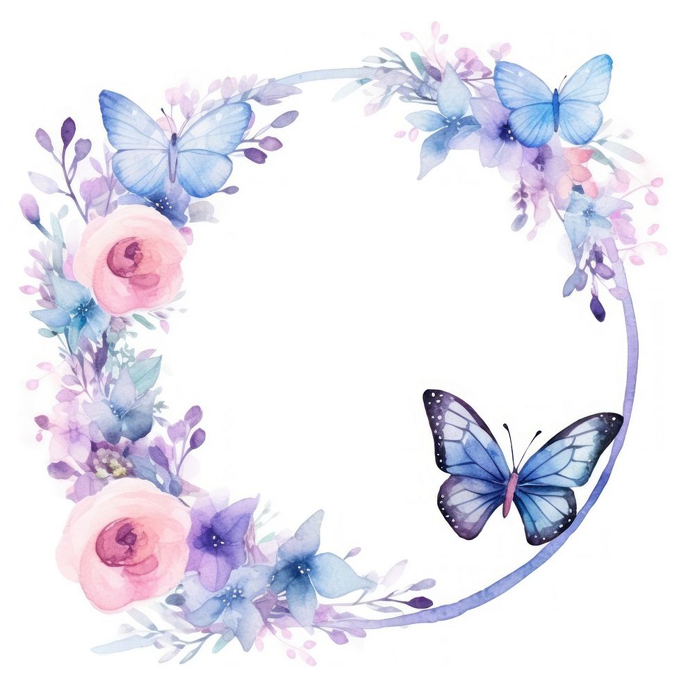 Butterfly and flowers frame watercolor pattern wreath plant.