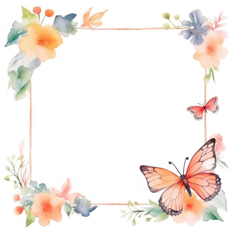 Butterfly and flowers frame watercolor pattern plant white background.
