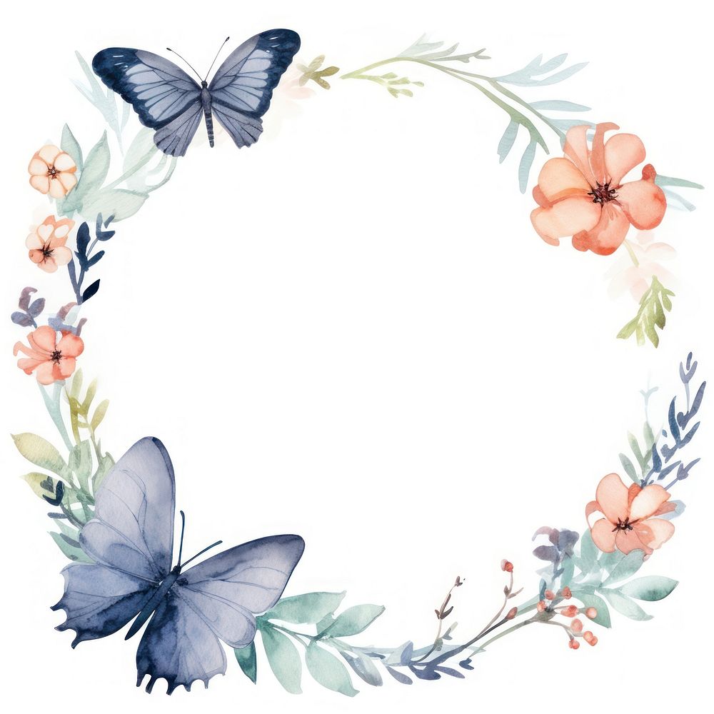 Butterfly and flowers frame watercolor pattern wreath plant.