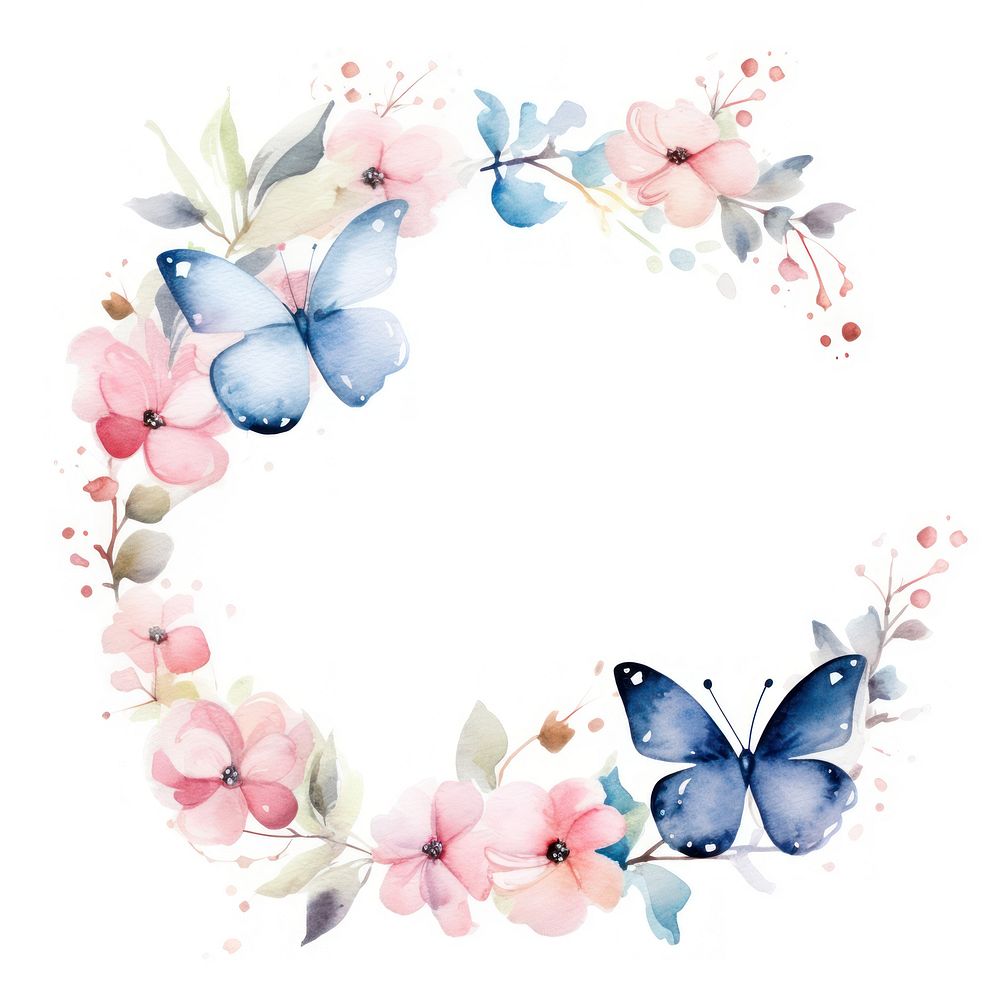Butterfly and flowers frame watercolor pattern wreath plant.
