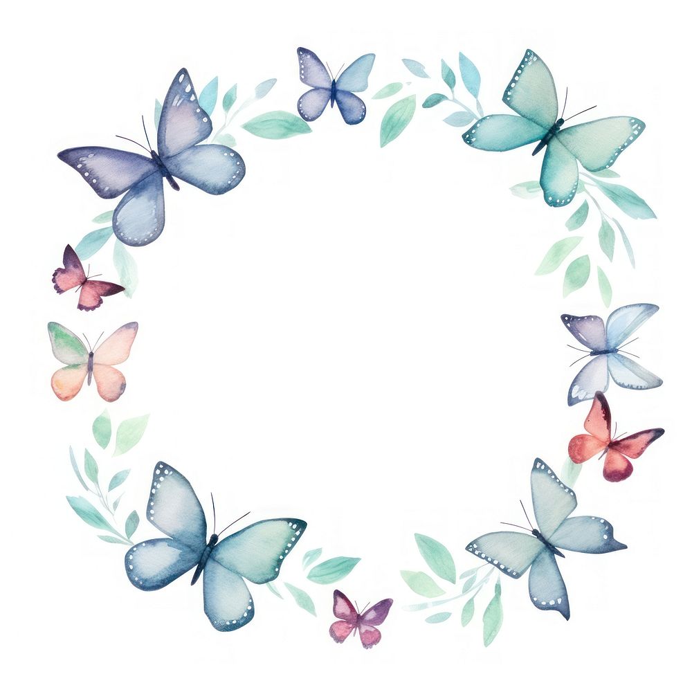 Butterfly frame watercolor pattern wreath white background.