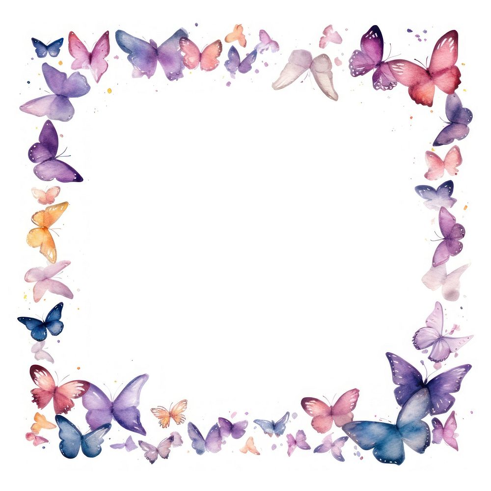 Butterfly frame watercolor white background lavender outdoors.