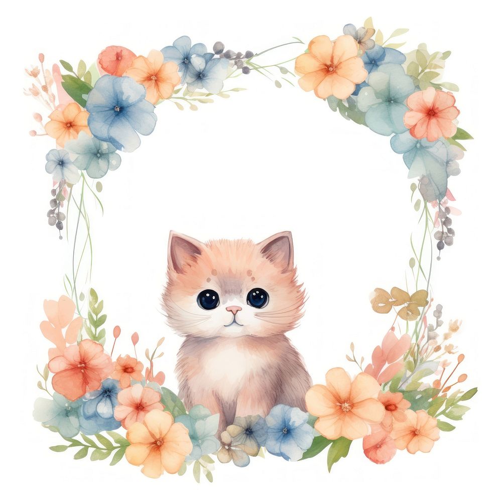 Cat and flowers frame watercolor mammal animal kitten.
