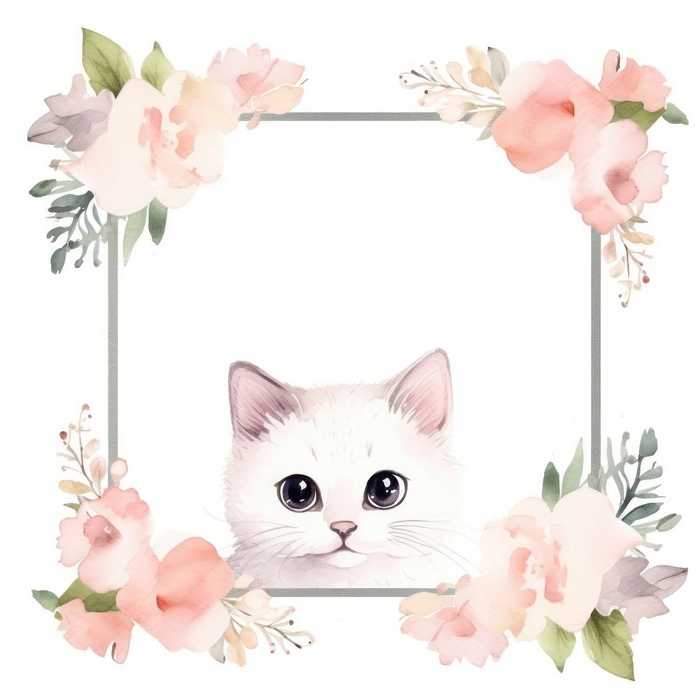 Cat and flower frame watercolor mammal animal plant.
