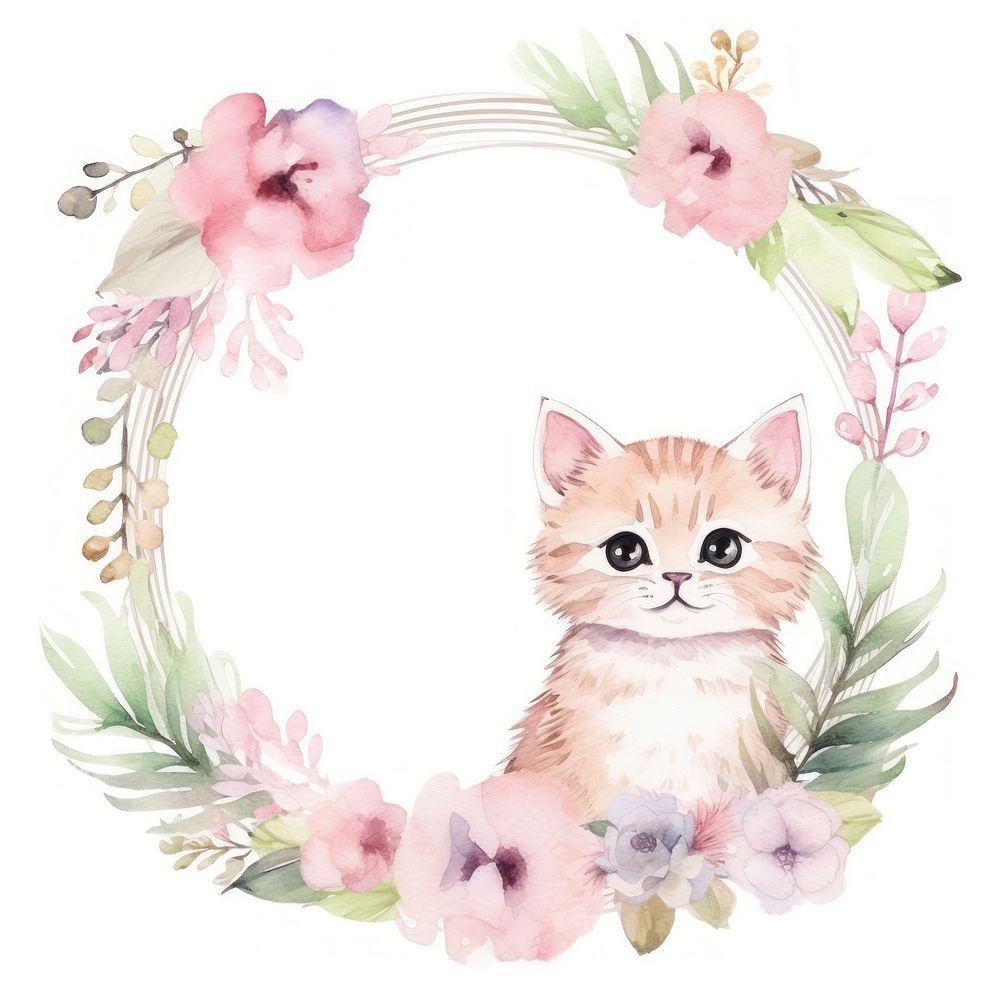 Cat and flower frame watercolor mammal animal kitten.